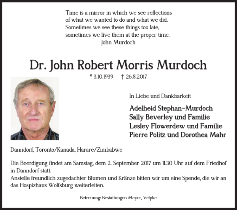  Traueranzeige für Dr. John Robert Morris Murdoch vom 30.08.2017 aus Wolfsburger Nachrichten