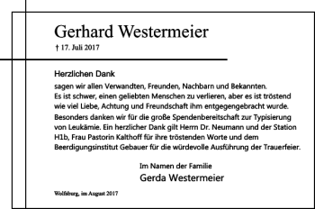 Traueranzeige von Gerhard Westermeier von Wolfsburger Nachrichten