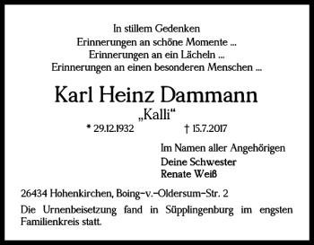 Traueranzeige von Karl Heinz Dammann von Helmstedter Nachrichten