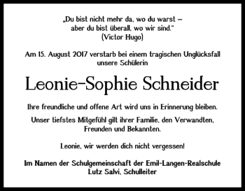 Traueranzeige von Leonie-Sophie Schneider von Salzgitter Zeitung