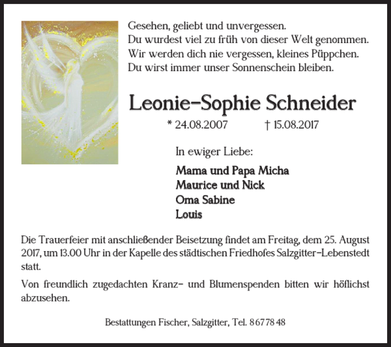  Traueranzeige für Leonie-Sophie Schneider vom 22.08.2017 aus Salzgitter Zeitung