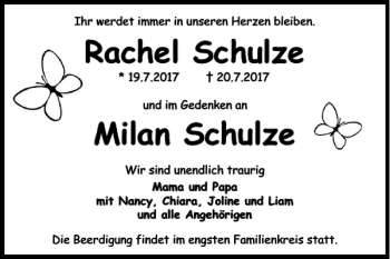 Traueranzeige von Rachel Schulze Milan Schulze von Wolfsburger Nachrichten