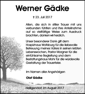 Traueranzeige von Werner Gädke von Wolfsburger Nachrichten