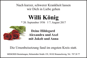 Traueranzeige von Willi König von Braunschweiger Zeitung