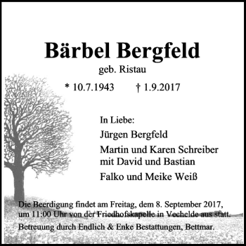 Traueranzeige von Bärbel Bergfeld von Peiner Nachrichten