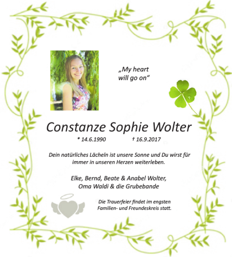  Traueranzeige für Constanze Sophie Wolter vom 22.09.2017 aus Wolfenbütteler Zeitung