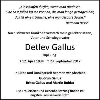 Traueranzeige von Detlev Gallus von Wolfenbütteler Zeitung