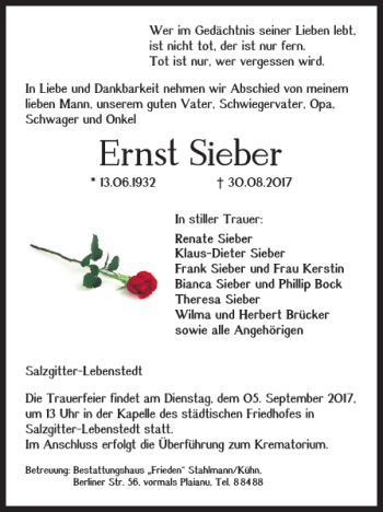 Traueranzeige von Ernst Sieber von Salzgitter Zeitung