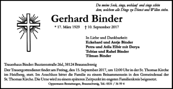 Traueranzeige von Gerhard Binder von Braunschweiger Zeitung