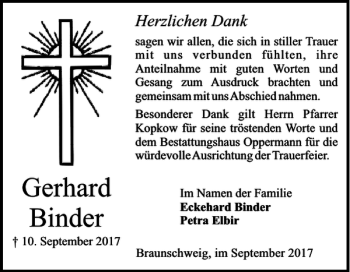 Traueranzeige von Gerhard Binder von Braunschweiger Zeitung