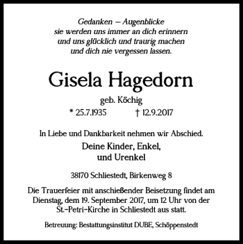 Traueranzeige von Gisela Hagedorn von Wolfenbütteler Zeitung