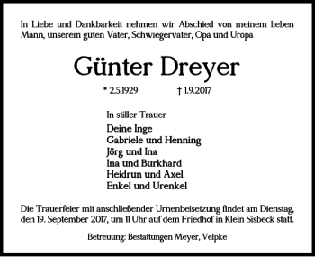 Traueranzeige von Günter Dreyer von Helmstedter Nachrichten