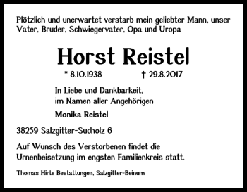 Traueranzeige von Horst Reistel von Salzgitter Zeitung