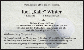 Traueranzeige von Karl Kalle Winter von Braunschweiger Zeitung