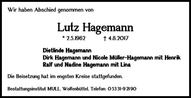  Traueranzeige für Lutz Hagemann vom 02.09.2017 aus Wolfenbütteler Zeitung
