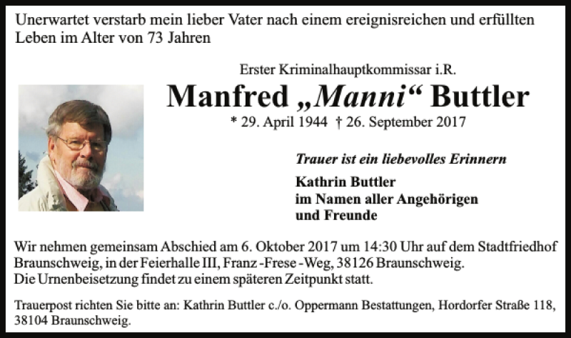  Traueranzeige für Manfred Buttler vom 30.09.2017 aus Braunschweiger Zeitung
