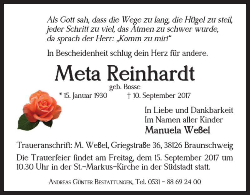  Traueranzeige für Meta Reinhardt vom 13.09.2017 aus Braunschweiger Zeitung