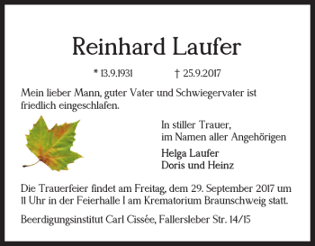 Traueranzeige von Reinhard Laufer von Braunschweiger Zeitung