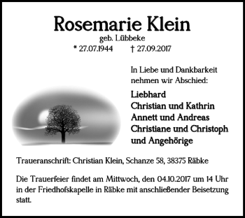 Traueranzeige von Rosemarie Klein von Helmstedter Nachrichten