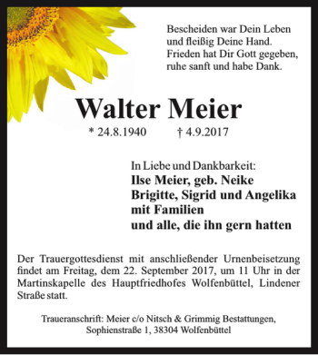 Traueranzeige von Walter Meier von Wolfenbütteler Zeitung