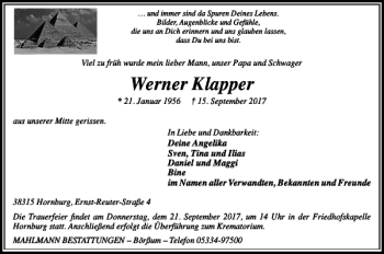 Traueranzeige von Werner Klapper von Wolfenbütteler Zeitung