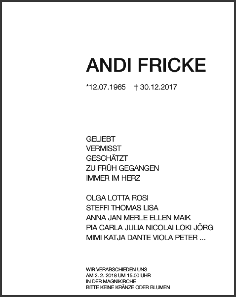  Traueranzeige für ANDI FRICKE vom 13.01.2018 aus Braunschweiger Zeitung