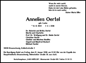 Traueranzeige von Annelies Oertel von Braunschweiger Zeitung