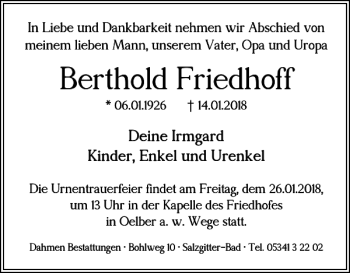 Traueranzeige von Berthold Friedhoff von Salzgitter Zeitung