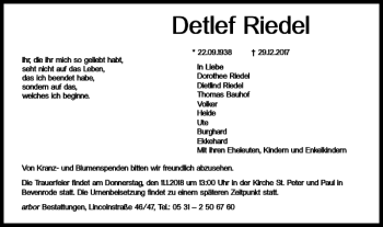 Traueranzeige von Detlef Riedel von Braunschweiger Zeitung