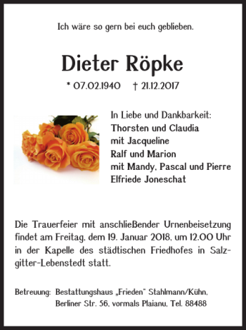 Traueranzeige von Dieter Röpke von Salzgitter Zeitung
