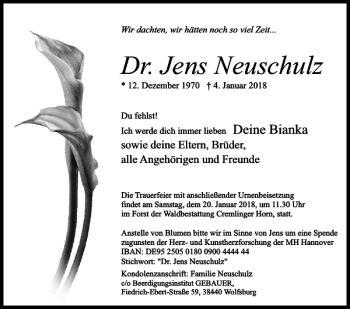 Traueranzeige von Dr. Jens Neuschulz von Wolfsburger Nachrichten