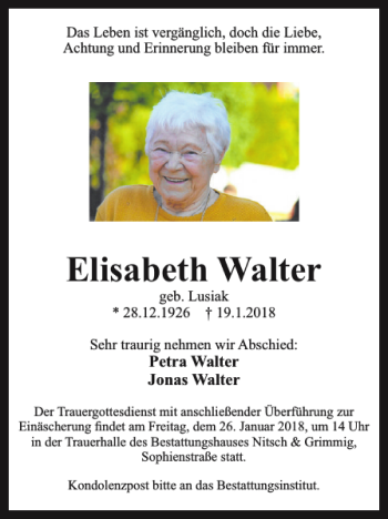 Traueranzeige von Elisabeth Walter von Wolfenbütteler Zeitung