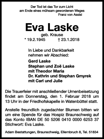 Traueranzeige von Eva Laske von Braunschweiger Zeitung