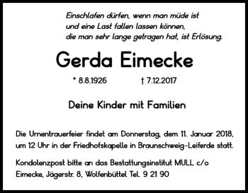 Traueranzeige von Gerda Eimecke von Braunschweiger Zeitung