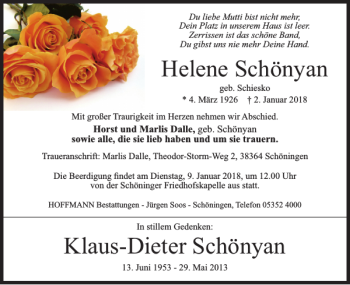 Traueranzeige von Helene Schönyan Klaus-Dieter Schönyan von Helmstedter Nachrichten