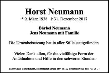 Traueranzeige von Horst Neumann von Braunschweiger Zeitung