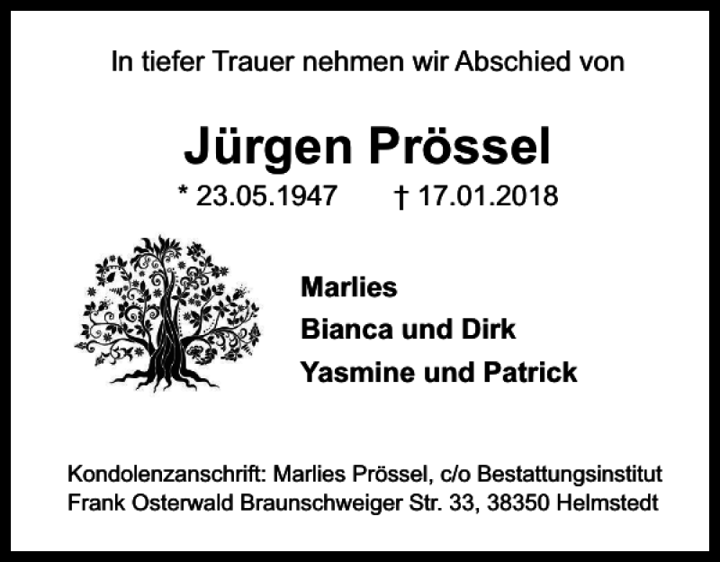  Traueranzeige für Jürgen Prössel vom 20.01.2018 aus Helmstedter Nachrichten