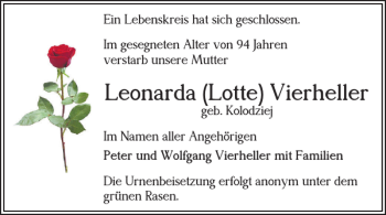 Traueranzeige von Leonarda Lotte Vierheller von Salzgitter Zeitung