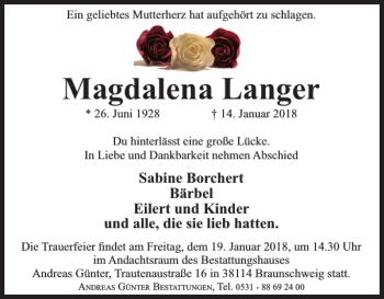 Traueranzeige von Magdalena Langer von Wolfenbütteler Zeitung