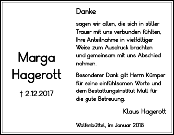Traueranzeige von Marga Hagerott von Wolfenbütteler Zeitung