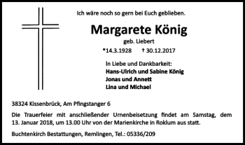 Traueranzeige von Margarete König von Wolfenbütteler Zeitung