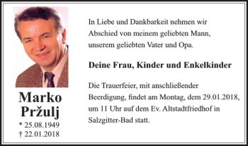 Traueranzeige von Marko Pržulj von Salzgitter Zeitung