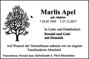 Traueranzeige von Marlis Apel von Braunschweiger Zeitung