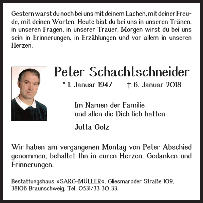 Traueranzeige für Peter Schachtschneider vom 16.01.2018 aus Braunschweiger Zeitung