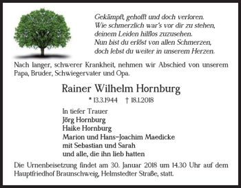 Traueranzeige von Rainer Wilhelm Hornburg von Braunschweiger Zeitung