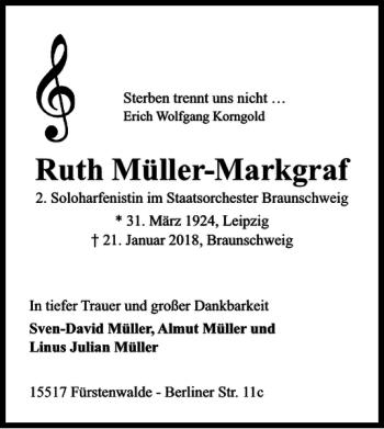 Traueranzeige von Ruth Müller-Markgraf von Braunschweiger Zeitung
