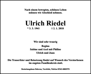 Traueranzeige von Ulrich Riedel von Wolfsburger Nachrichten