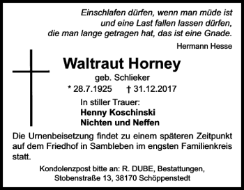 Traueranzeige von Waltraut Horney von Wolfenbütteler Zeitung
