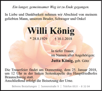 Traueranzeige von Willi König von Braunschweiger Zeitung