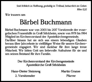 Traueranzeige von Bärbel Buchmann von Wolfenbütteler Zeitung